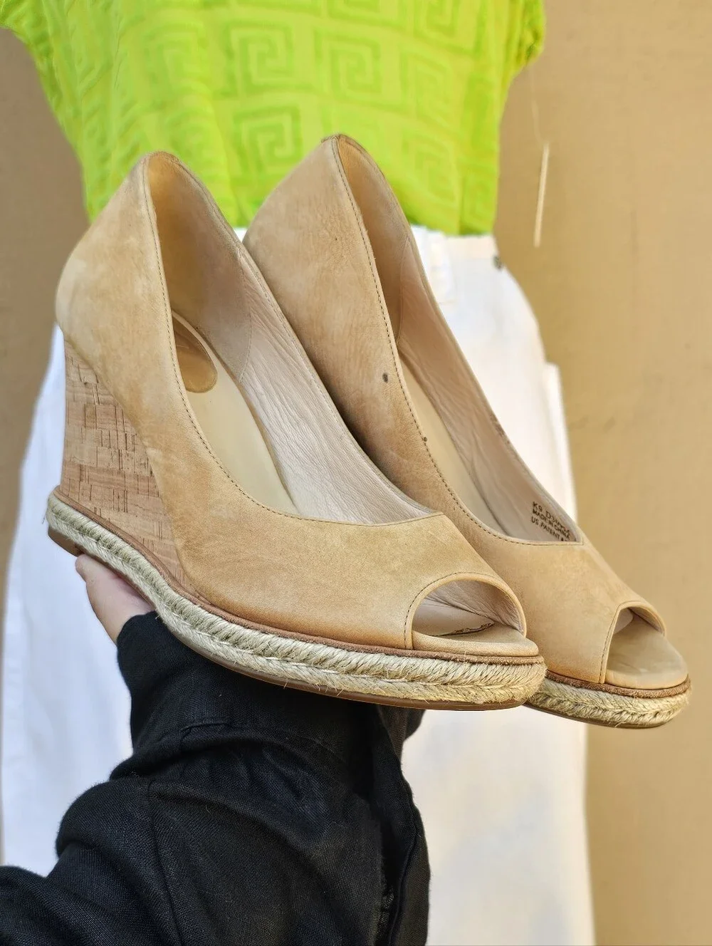 Cole Haan JOCELYN Tan Suede Peep Toe Wedge Espadrilles Heels Sz 7.5